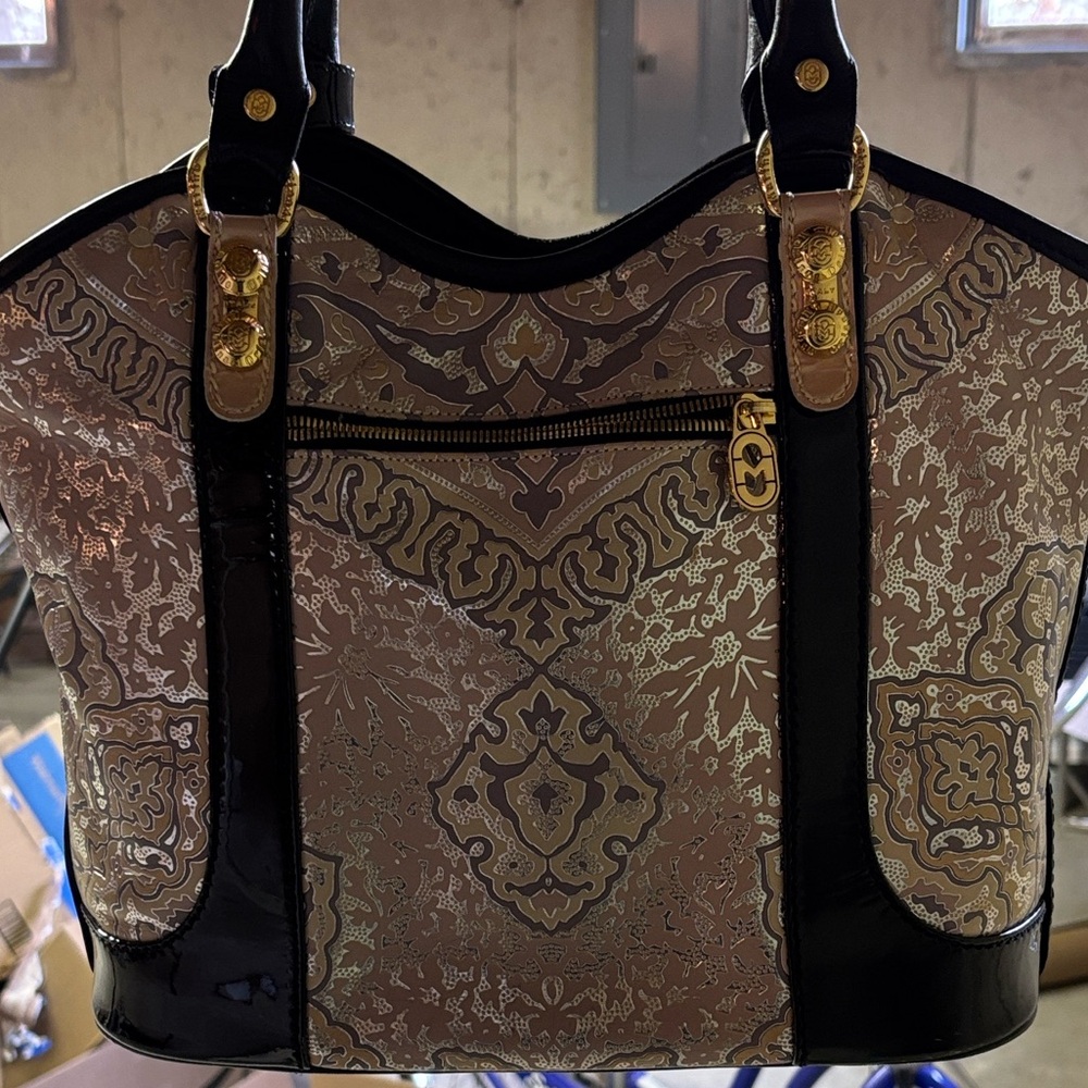 Marino Orlandi Elegant Black Patten Leather, light pink and cream/metallic bag.